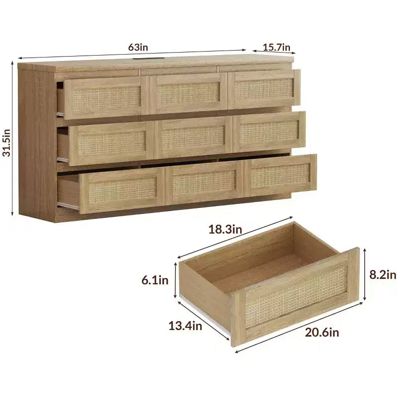 Kommode fürs Schlafzimmer, Rattan-Kommode mit 9 Schubladen für den Kleiderschrank, Doppelholz-Kommoden & Schubladenschränke