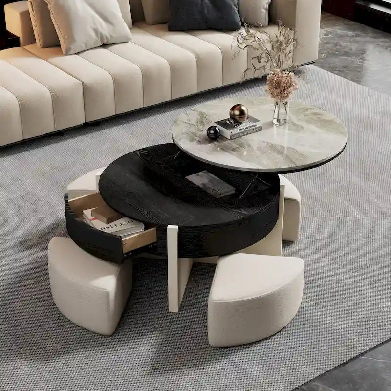 31,5 Zoll moderner Couchtisch, Couchtisch mit höhenverstellbarer Tischplatte und 3 Hockern, Schwarz – 31,5 × 31,5 Zoll