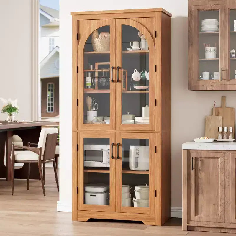 178 cm hoher Küchenschrank, moderner Vitrinenschrank mit 4 gewölbten Glastüren und verstellbaren Einlegeböden, für Küche, Wohnzimmer, Esszimmer, Badezimmer