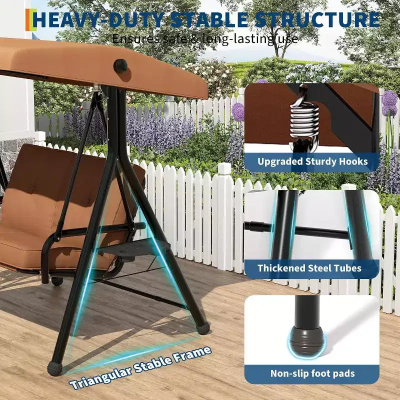 Verstellbarer Outdoor-Doppelsitz-Schaukelstuhl mit Sonnendach, gepolsterter Sitzfläche und robustem Eisengestell – wetterbeständige Gartenbank für Terrasse, Balkon oder Garten