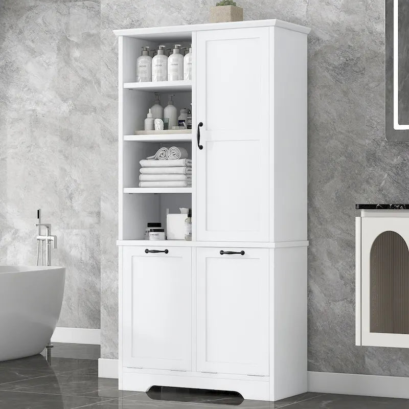 Badezimmerschrank mit Schubladen, kippbarem Wäschekorb, mehreren Ablagefächern, offenem Regal und verstellbarem Regalboden