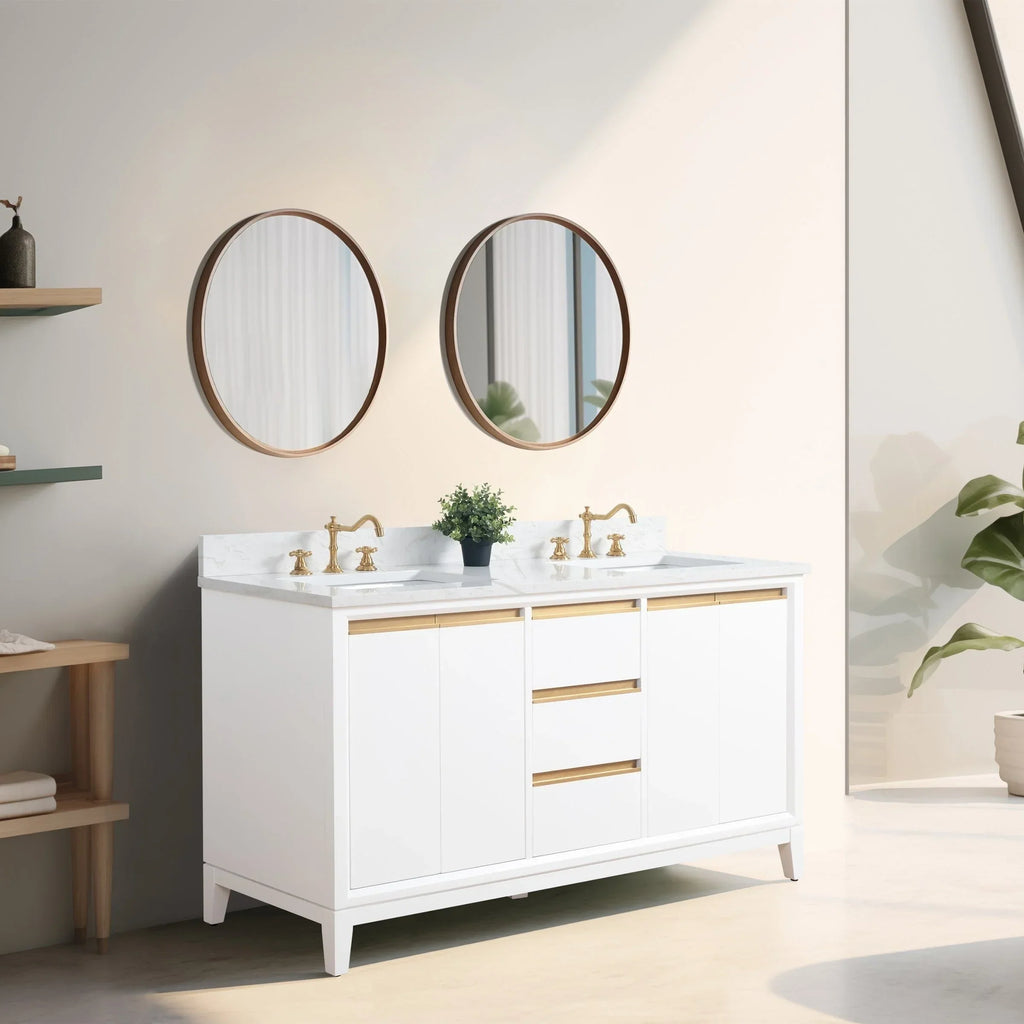 Vanity Art Badezimmerschrank mit Keramikwaschbecken und Platte aus technischem Marmor