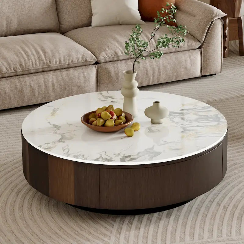 35 Moderner runder Couchtisch in Marmoroptik, Tischplatte aus weißem, glänzendem Sinterstein, Mid-Century-Tisch mit Massivholzschublade