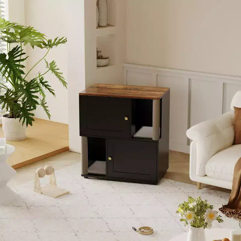Katzentoiletten-Gehäuse mit zwei Kammern, verstecktes Katzentoiletten-Möbel mit Kratzstämmen und doppellagigen Streumatten für das Zuhause