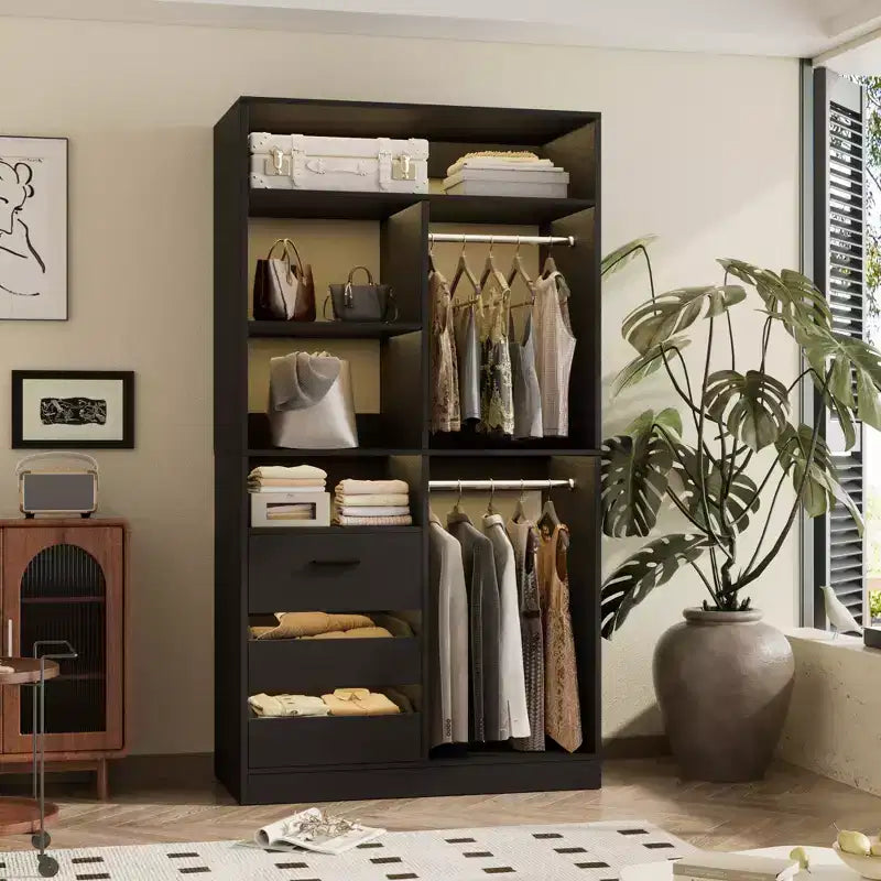 Schrank-Organizer mit Holzschubladen, freistehendes Schranksystem mit Kleiderstangen