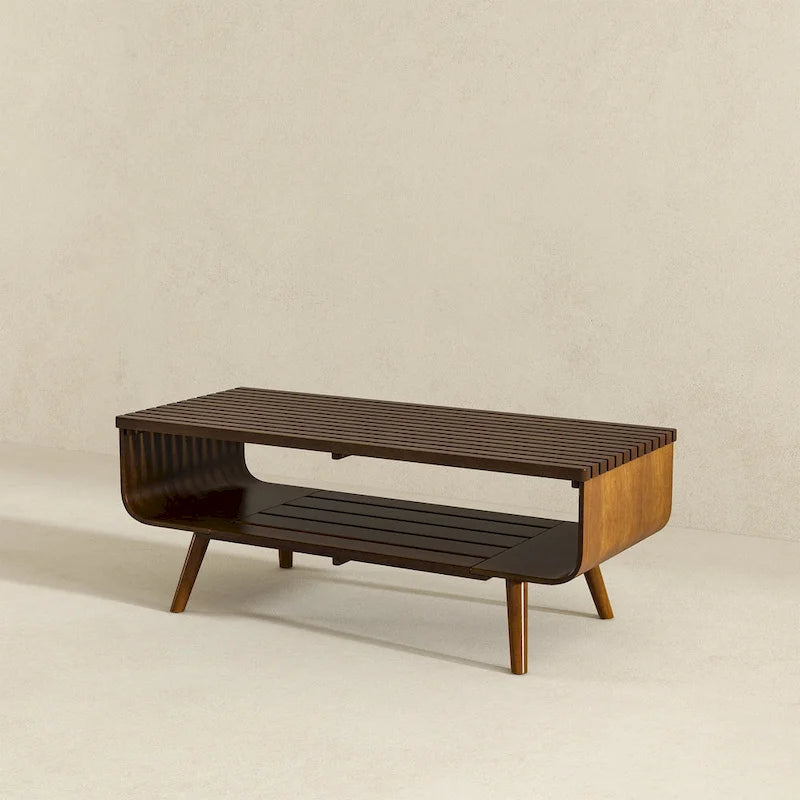 Adelina rechteckiger Couchtisch aus massivem Holz im Mid-Century-Stil in Braun