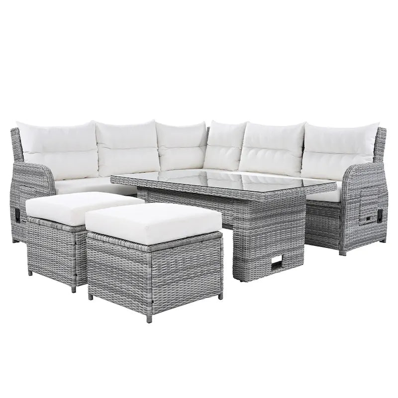 Outdoor-Rattan-Ecksofa-Set mit verstellbarem Tisch und Relaxsesseln