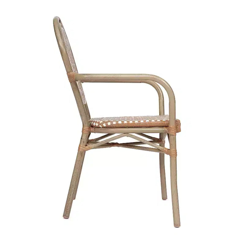 Flash Furniture 4er-Set Lourdes Indoor/Outdoor Gastro-Bistro-Stapelstuhl mit Armlehnen im Thonet-Stil, PE-Rattan und Aluminiumgestell