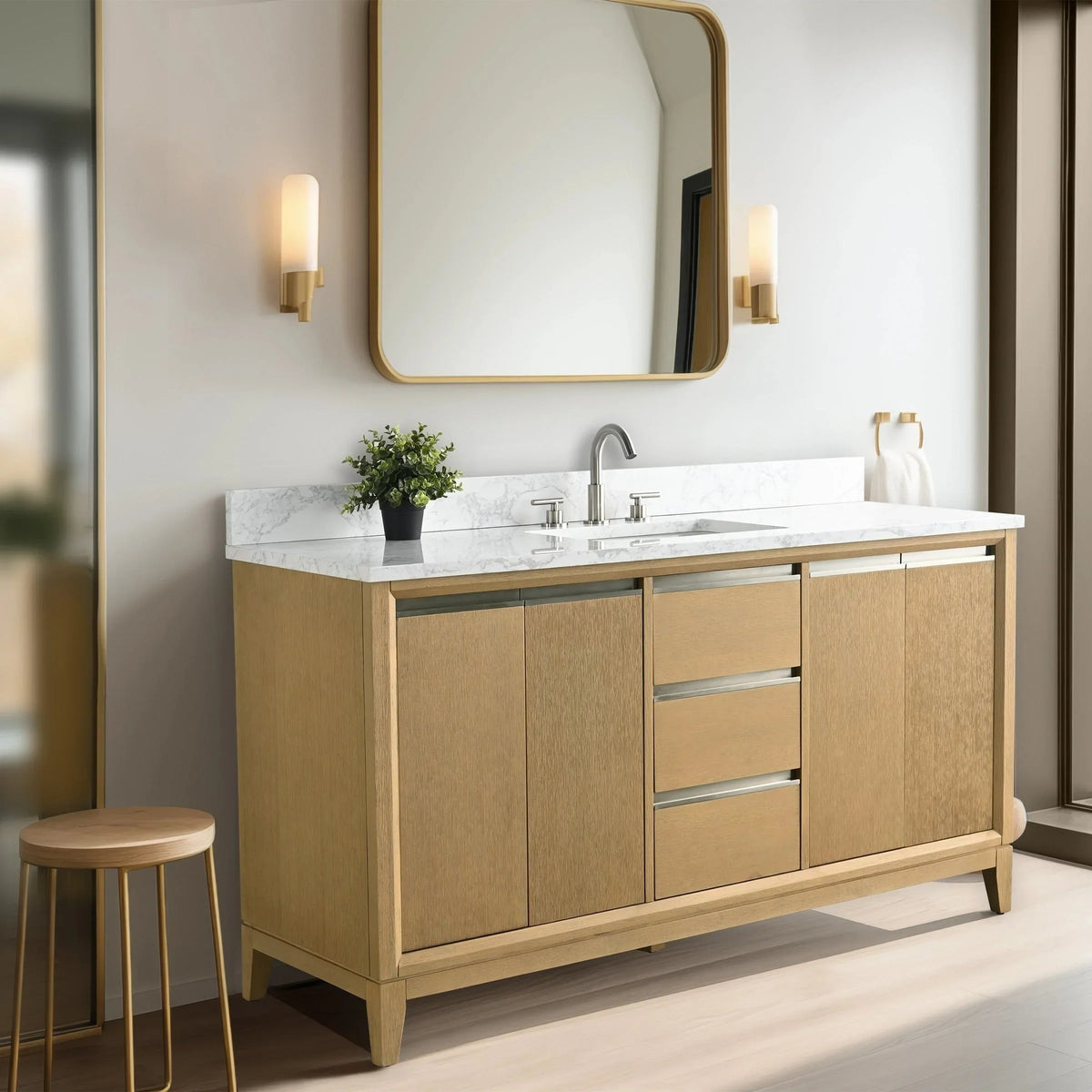 Vanity Art Badezimmerschrank mit Keramikwaschbecken und Platte aus technischem Marmor
