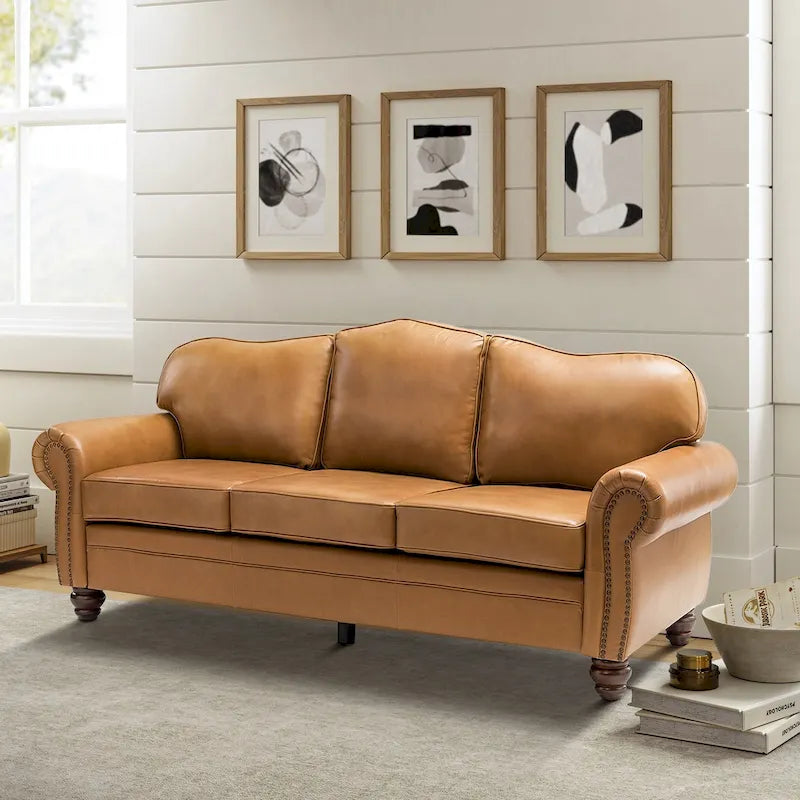 Balvino 81 Zoll breites Übergangs-Sofa aus echtem Leder mit Rollarmlehnen, Nagelkopfbeschlägen und abnehmbaren Kissen