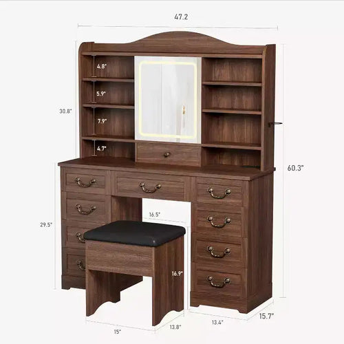 Schminktisch mit 10 Schubladen und Spiegel, Walnussholz-Optik mit 10 Ablagen und Hocker, fürs Schlafzimmer, einfache Montage