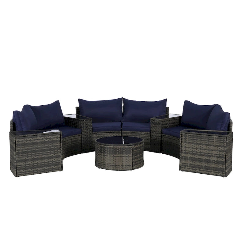 11-teiliges modulares Outdoor-Sofa-Set mit halbrunden Elementen, Couchtisch aus gehärtetem Glas und 4 Beistelltischen