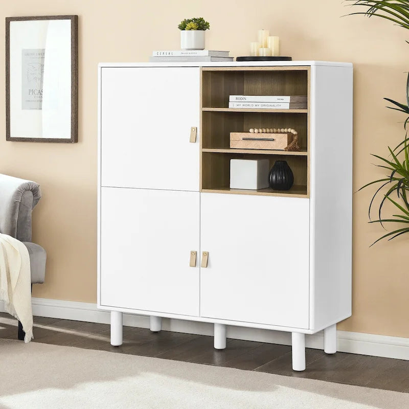 Multifunktionaler Aufbewahrungsschrank mit Tür, moderner Sideboard-Schrank, Holzaufbewahrungsschrank, Schubladenschrank mit Ledergriffen