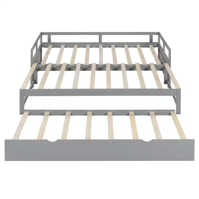 Okak Twin Size ausziehbares Design-Tagesbett mit Bettkasten/Schubladen & Sicherheitsgitter, Massivholz-Plattformbettgestell für Teenager, Erwachsene