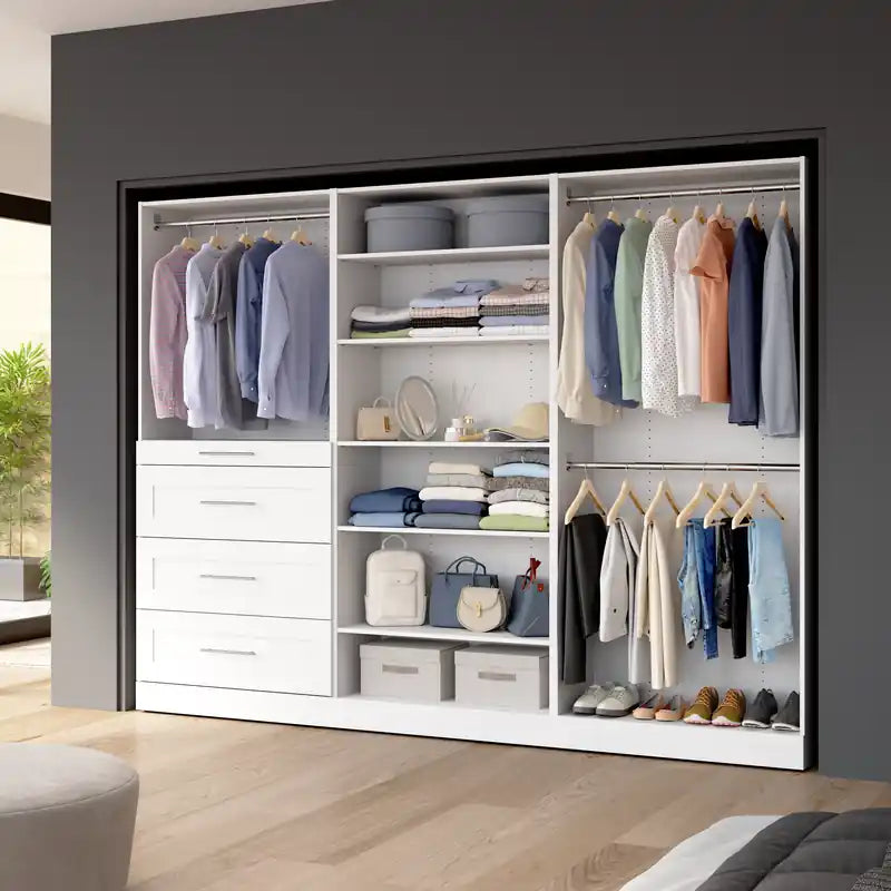107 Modulares begehbares Kleiderschranksystem mit Kleiderstangen, Regalen und Schubladen im Shaker-Stil