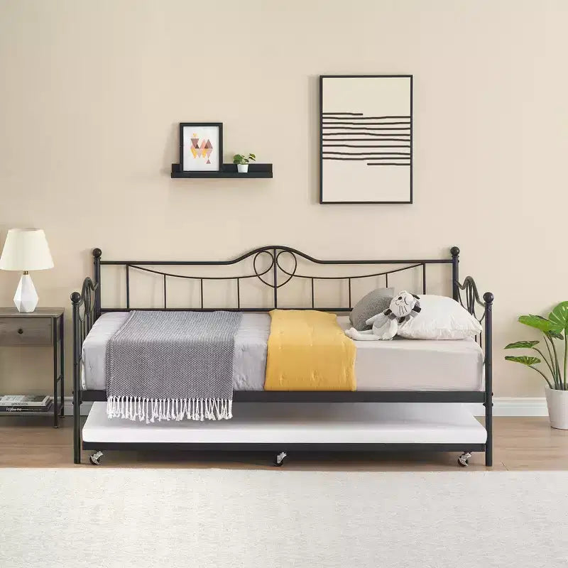 Tagesbett mit Ausziehbett, Metall-Tagesbett mit Gästebett, Tagesbett mit Ausziehbarem Bettrahmen, Sofa mit Stahl-Lattenrost für Kinder, Jugendliche und Erwachsene
