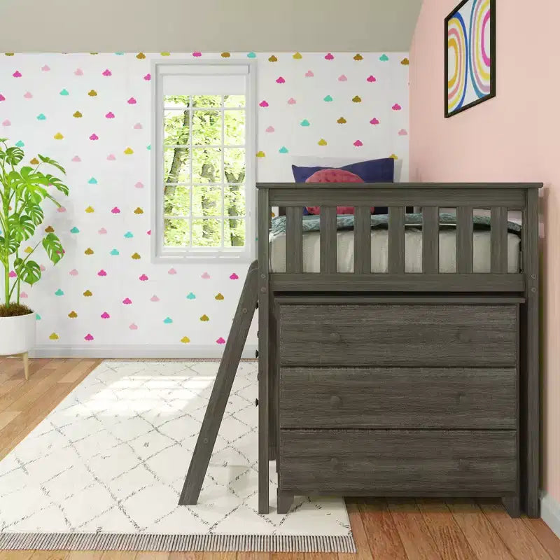 Max & Lily Niedriges Hochbett (Einzelbett) mit ausziehbarem Schreibtisch und 3-Schubladen-Kommoden