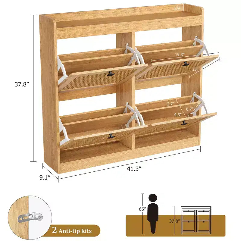 Schuhschrank mit 4 Klappfächern, Schuhschrank aus Holz mit Rattantüren und verstellbaren Einlegeböden – freistehender Schuh-Organizer