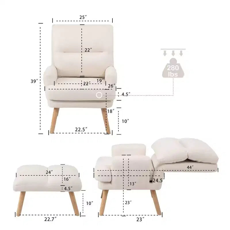 Okak moderner Akzentsessel, Wohnzimmerstuhl mit Hocker und verstellbarer Rückenlehne, bequemer Polstersessel für Lounge, Büro und Schlafzimmer