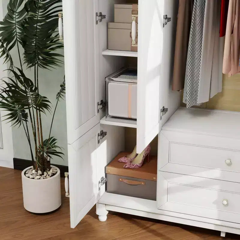Weiße Holz-Kleiderschrank, 156 cm, mit 2 Schubladen, Kleiderstange und Einlegeböden