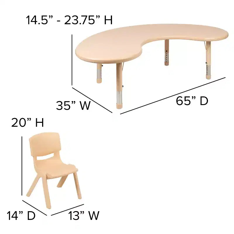 Emma and Oliver 35B x 65L halbmondförmiger, höhenverstellbarer Aktivitätstisch aus Kunststoff mit 4 Stühlen
