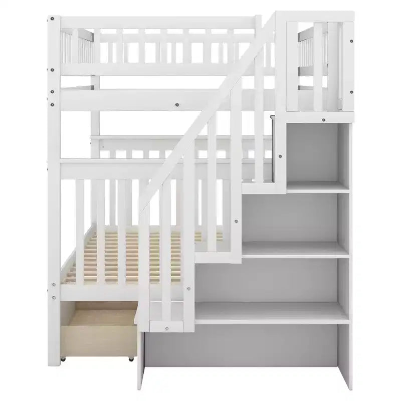 Etagenbett mit zwei großen Liegeflächen, zwei Schubladen und Ablagefächern – für Kinder, Jugendliche und Erwachsene – fürs Schlafzimmer