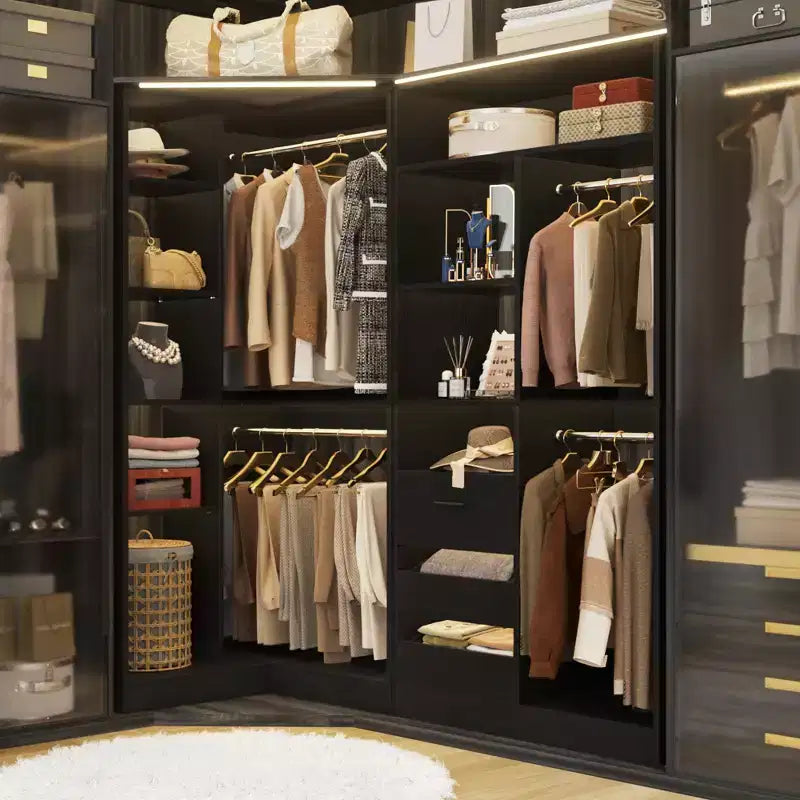 Besiost 2er-Set Eckschranksystem mit Turmregal, freistehender Kleiderschrank-Organizer mit Schubladen