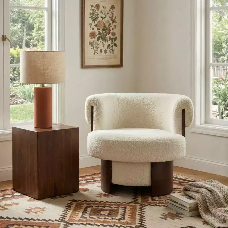 Whisen 360° drehbarer Fasssessel mit skulpturalem Bogenholzdesign, Massivholzrahmen, 32 breit, vielseitig für Wohnzimmer und Schlafzimmer einsetzbar