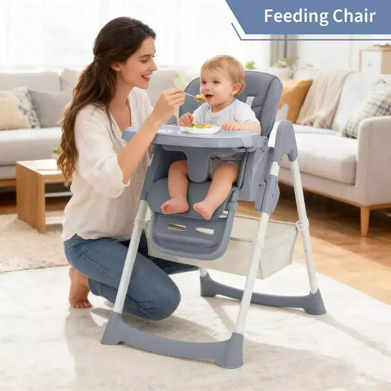 Zusammenklappbarer Hochstuhl für Babys und Kleinkinder, Hochstuhl aus PU-Leder mit verstellbarer Rückenlehne und Sitzhöhe, abnehmbarem Tablett, 5-Punkt-Sicherheitsgurt und feststellbaren Rollen