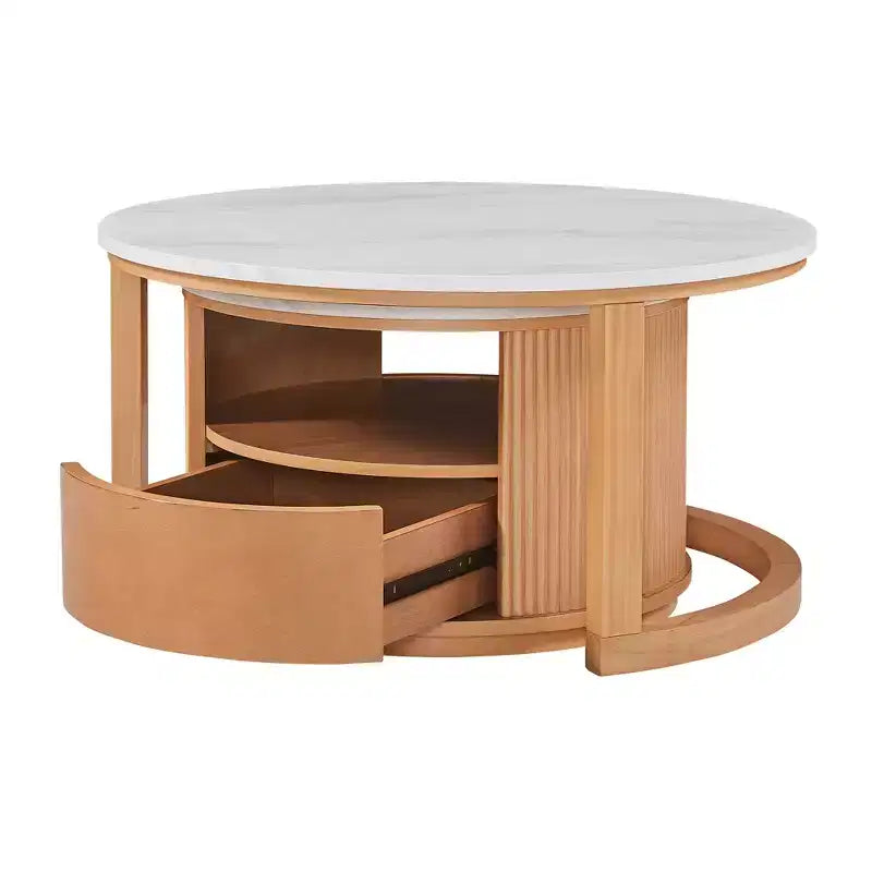 Moderner Couchtisch in Nesting-Bauweise mit Schublade, runder Wohnzimmertisch mit Stauraum