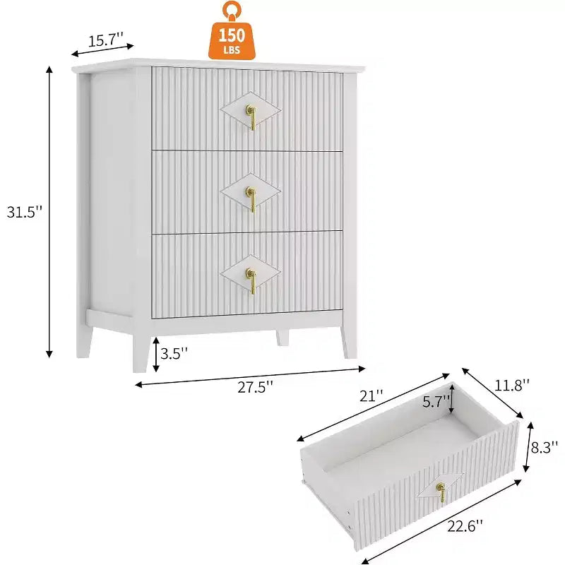 2 Stück geriffelte Holz-Nachttische, 27,5 breit, 3-Schubladen-Kommoden-Set, moderne Beistelltische, Schubladenschrank für Schlafzimmer und Wohnzimmer