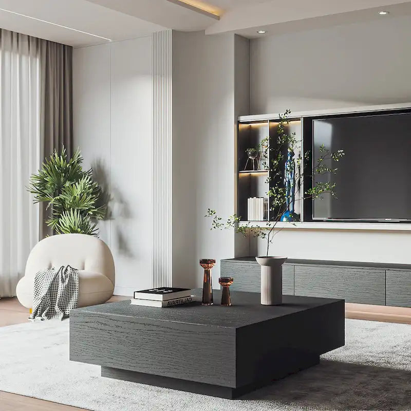 Mid-Century Modern Couchtisch, minimalistischer Couchtisch aus Holzfurnier mit Stauraum für das Wohnzimmer, komplett montiert