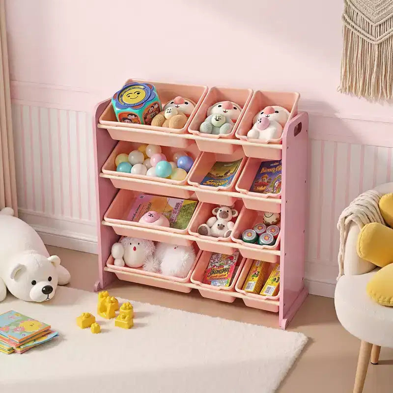 VECELO Kinder-Bücherregal mit Spielzeugaufbewahrung und 12 Körben, Spielzeugregal aus Holz für Kleinkinder, geräumige Spielzimmeraufbewahrung für Bücher oder Spielzeug