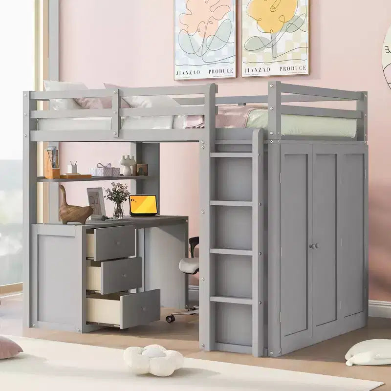 CLIHOME Hochbett in Full-Size mit 3 Schubladen, Schreibtisch und Kleiderschrank