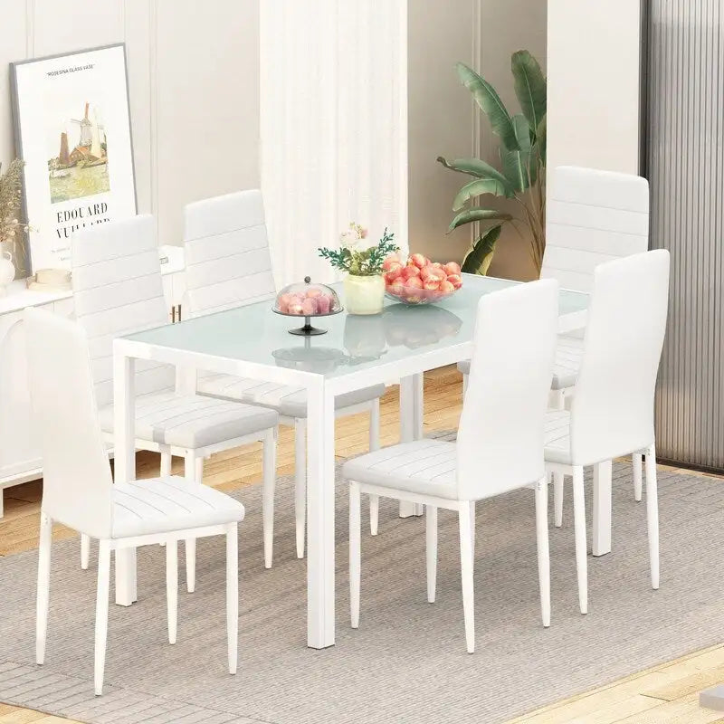 Grondin 7-teiliges Esszimmer-Set im modernen Stil mit Tischplatte aus gehärtetem Glas und 6 Stühlen mit PU-Lederpolsterung