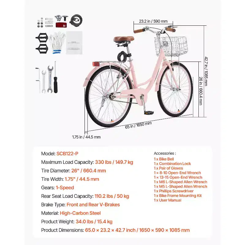VEVOR Beachcruiser, 1-Gang, 26-Zoll Damen-Fahrrad in Pink mit großem Korb und Gepäckträger, sicheres und stabiles Citybike, Pink