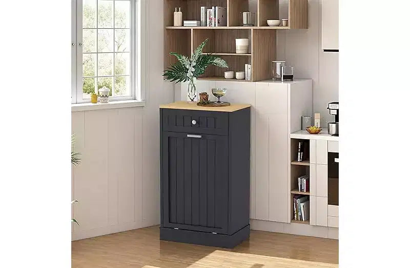 COZOWNY Müll- und Recyclingschrank aus Holz mit verdeckter Schublade, haustierfreundlicher freistehender Küchenmülleimerhalter, platzsparendes Design