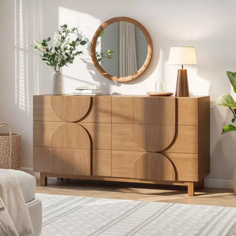 Moderne geometrische Kommode mit 6 Schubladen, breiter Aufbewahrungsschrank mit Halbkreis-Akzent für Schlaf- und Wohnzimmer