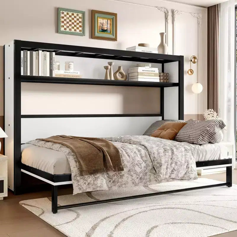 Schrankbett in Twin-Size mit Regalen, Metall-Wandbett mit klappbarem Design für kleine Räume