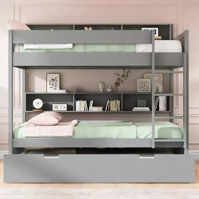 Luxystar modernes Etagenbett mit zwei vollwertigen Liegeflächen, Regalen und Ausziehbett