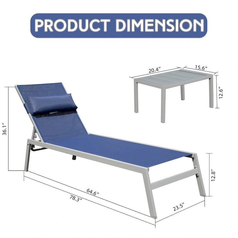 3-teiliges Terrassen-Liegen-Set, Aluminium-Poolliegen mit Beistelltisch, verstellbare wetterfeste Outdoor-Liegestühle