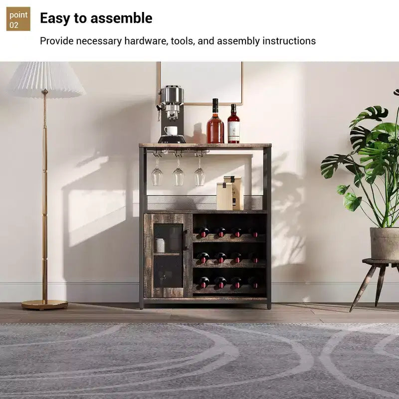 Grauer 3-stöckiger industrieller Weinbarschrank (12+ Flaschen), 91,4 H x 61 B x 38,1 T cm, abnehmbares Regal, 9 Glashalter & verstellbare Einlegeböden für Zuhause/Bar