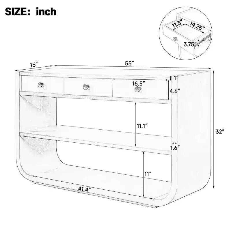 ModernLuxe geschwungener Konsolentisch, Flurtisch, Sofabeistelltisch, Präsentationsständer, Akzenttisch mit 3 Soft-Close-Schubladen & 2 offenen Ablagen