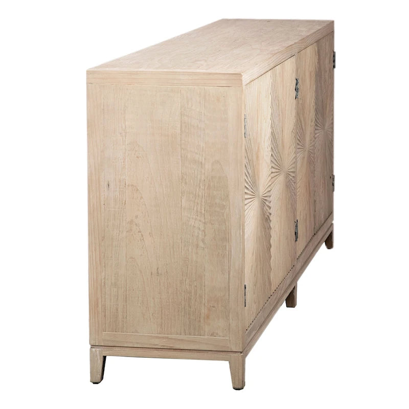 Isabelle 200 cm Sideboard aus Kiefernholz in Light Wash mit 4 Türen und handgeschnitztem Burst-Muster auf den Fronten