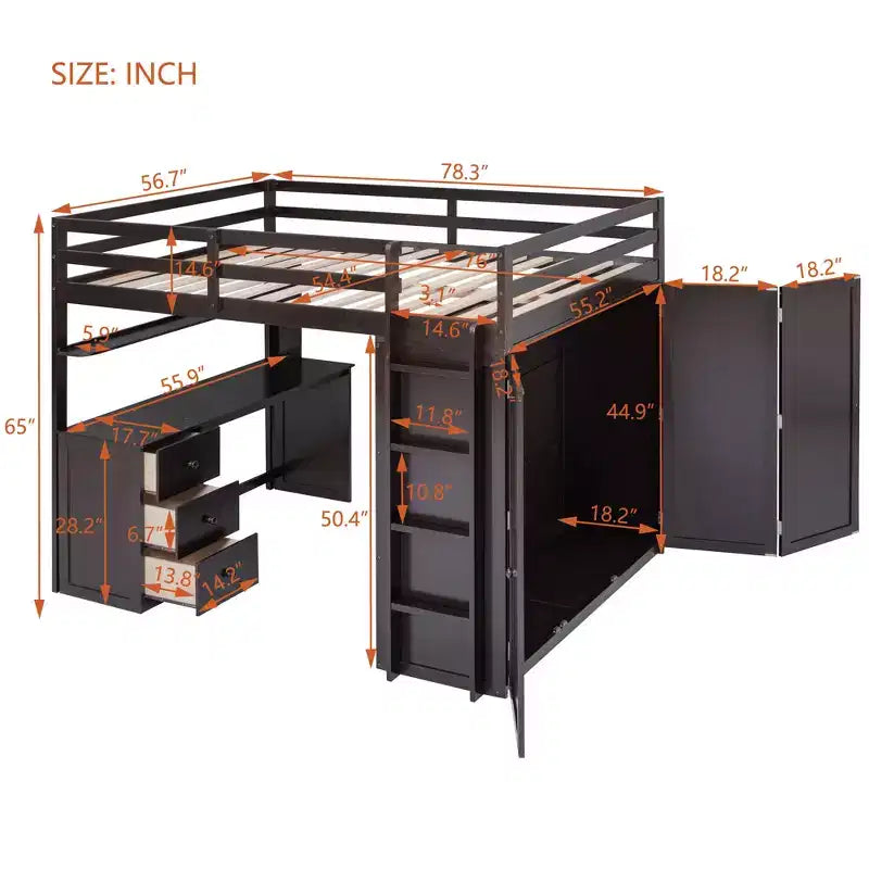 CLIHOME Hochbett in Full-Size mit 3 Schubladen, Schreibtisch und Kleiderschrank