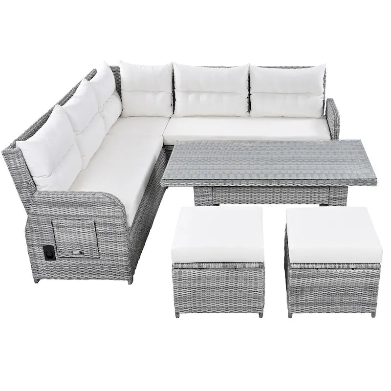 Outdoor-Rattan-Ecksofa-Set mit verstellbarem Tisch und Relaxsesseln