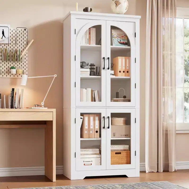 178 cm hoher Küchenschrank, moderner Vitrinenschrank mit 4 gewölbten Glastüren und verstellbaren Einlegeböden, für Küche, Wohnzimmer, Esszimmer, Badezimmer