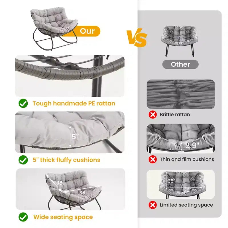 Heynemo Terrassen-Schaukelstuhl mit Hocker, Eiformiger Schaukelstuhl für drinnen und draußen mit Kissen, Überdimensionaler Papasan-Loungesessel aus Metall, Lesesessel