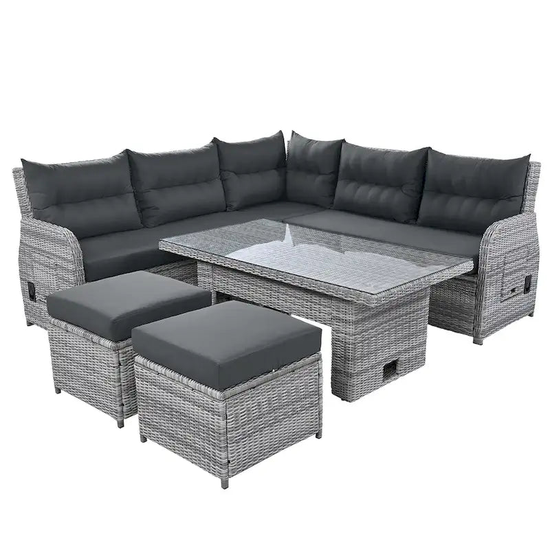 Outdoor-Rattan-Ecksofa-Set mit verstellbarem Tisch und Relaxsesseln