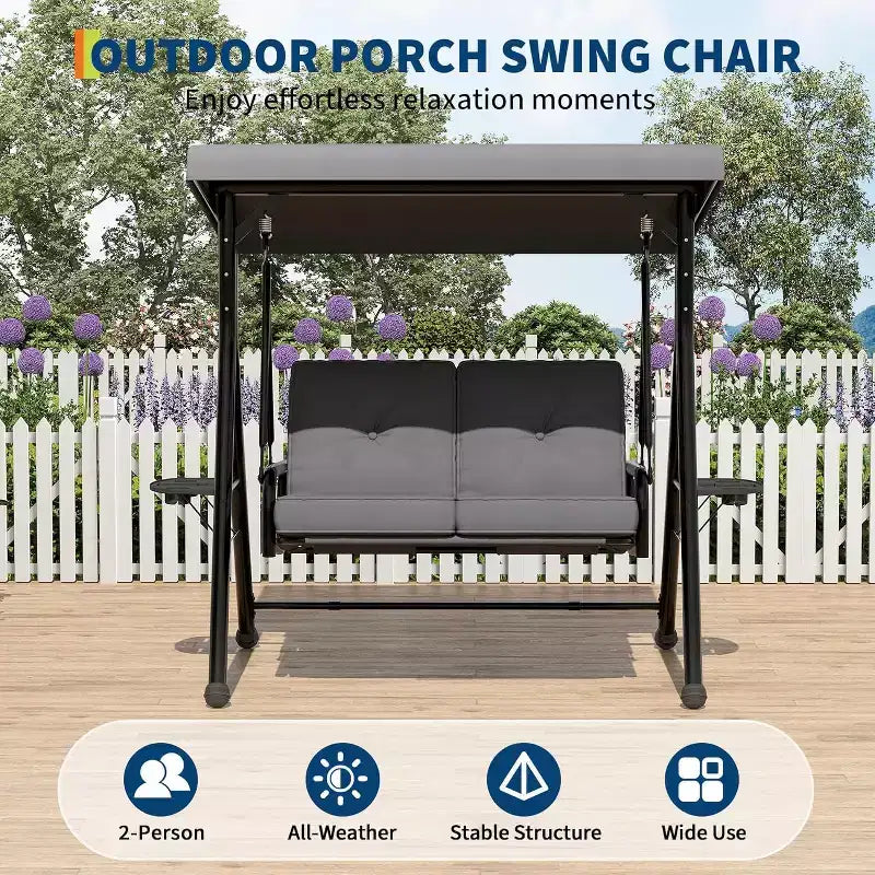 Verstellbarer Outdoor-Doppelsitz-Schaukelstuhl mit Sonnendach, gepolsterter Sitzfläche und robustem Eisengestell – wetterbeständige Gartenbank für Terrasse, Balkon oder Garten